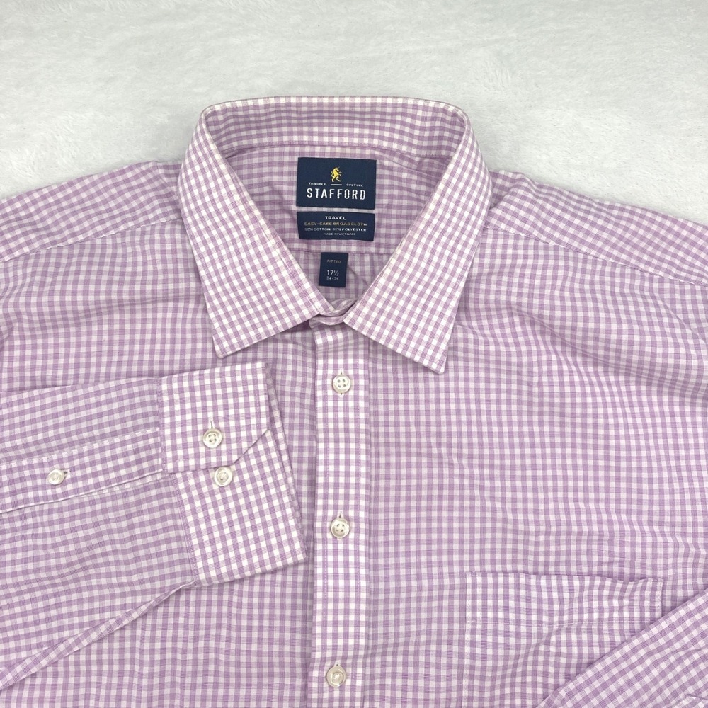 Stafford Mens Dress Shirt 17.5 34-35 Purple Gingham Travel Fitted Broadcloth